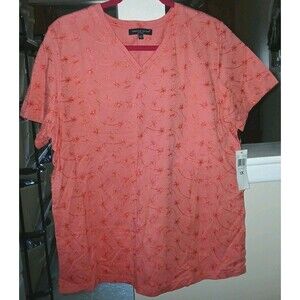 NWT CAROLYN TAYLOR Women 1X Embroidery 100%Cotton Short Sleeve T-Shirt Top Peach